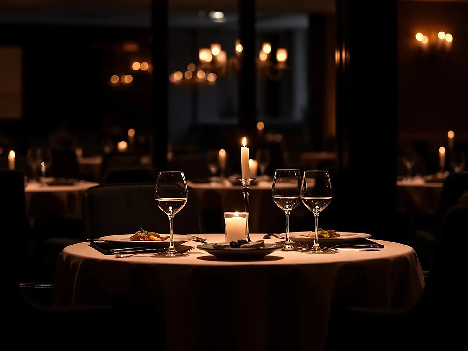 Mesa posta para duas pessoas em restaurante sofisticado
