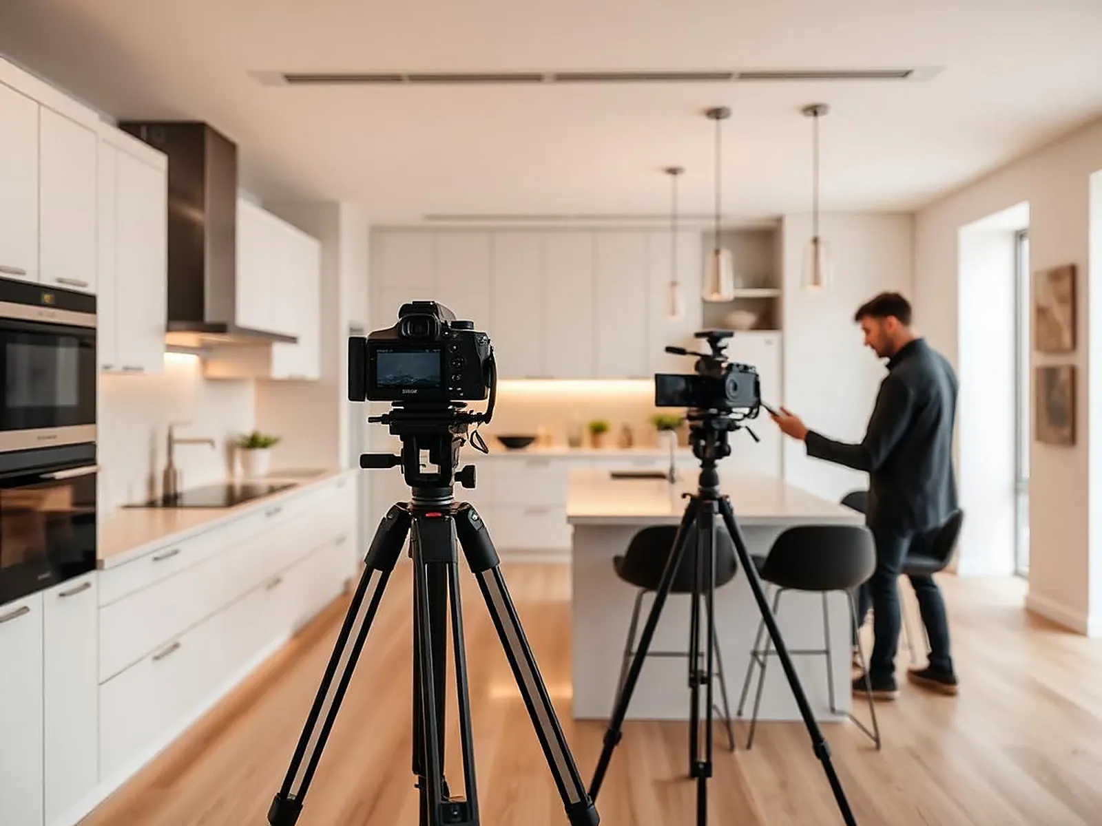 Fotógrafo profissional registrando uma cozinha planejada em ambiente finalizado
