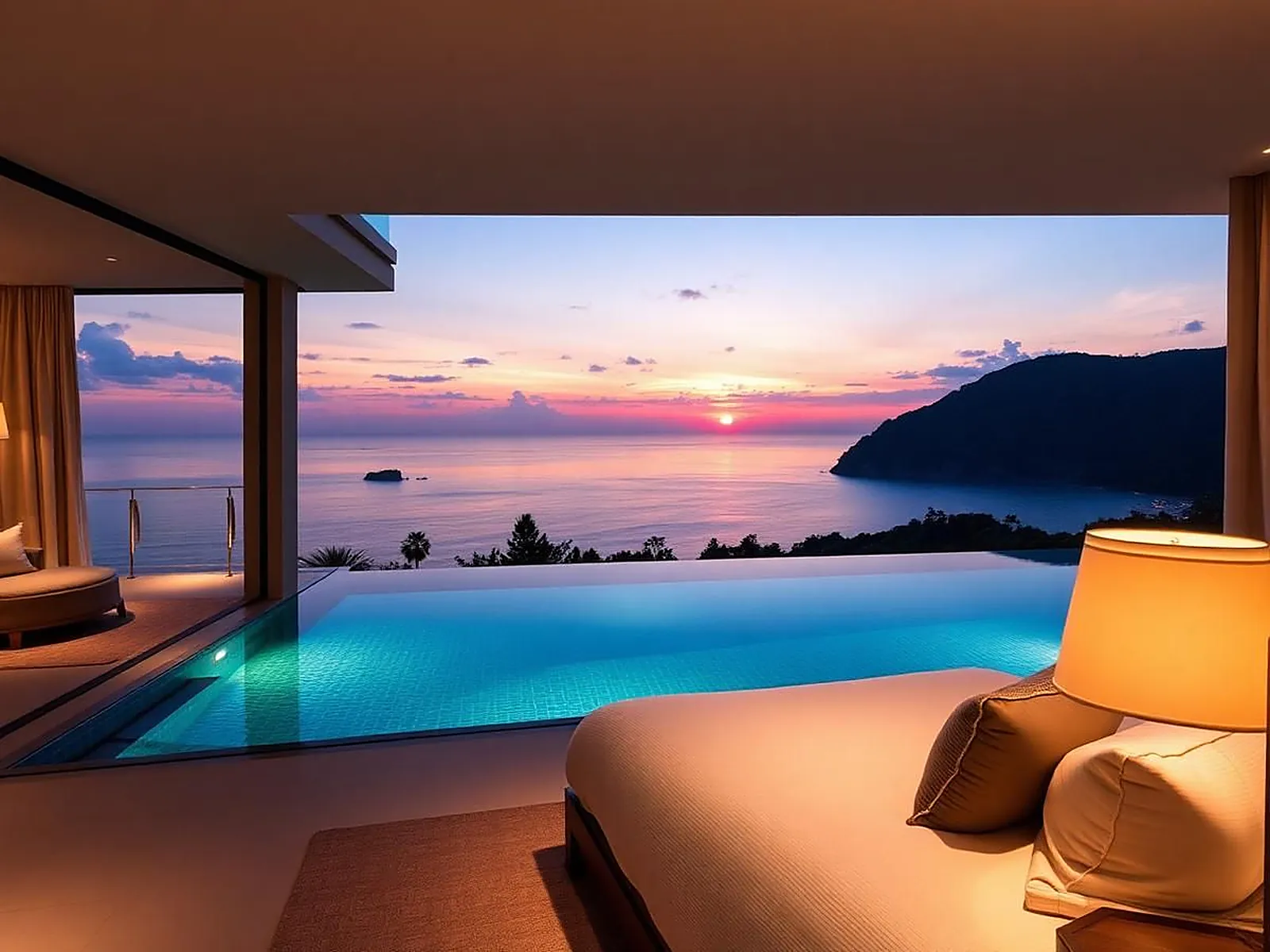 Suíte de resort com vista para piscina ao pôr do sol