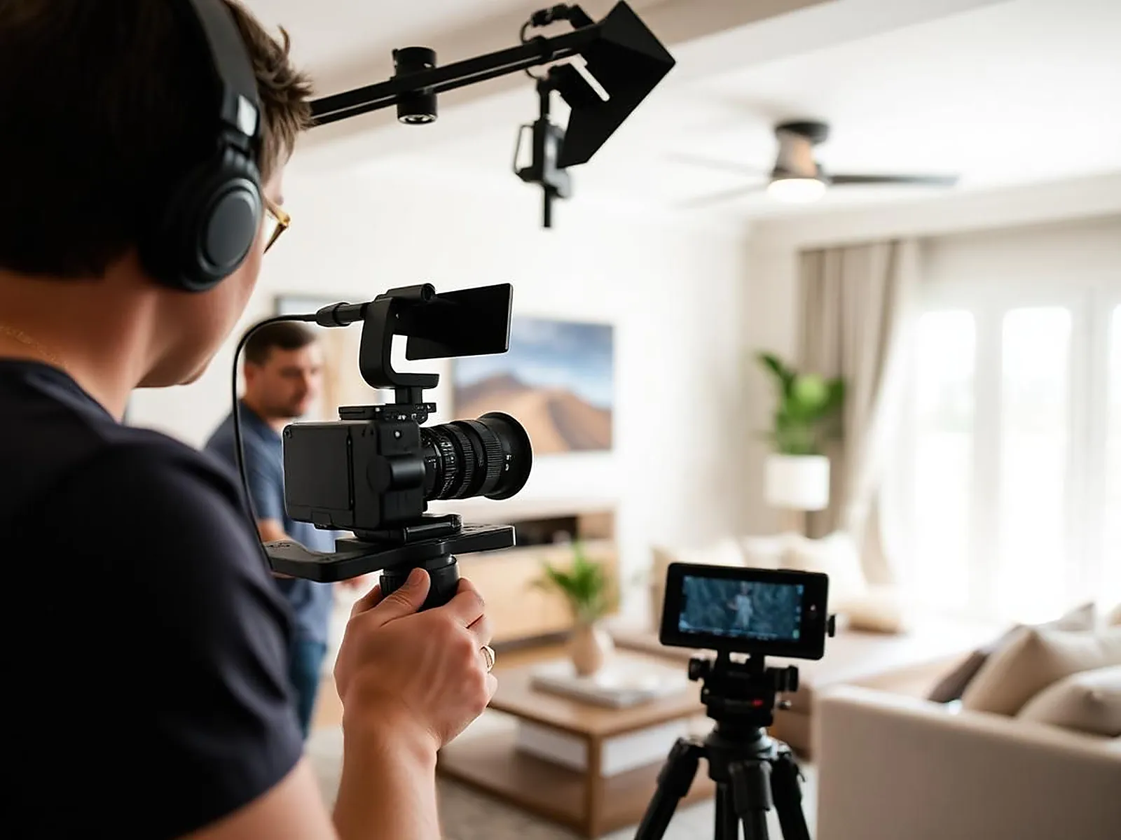 Equipe de produção gravando vídeo profissional em sala de estar planejada