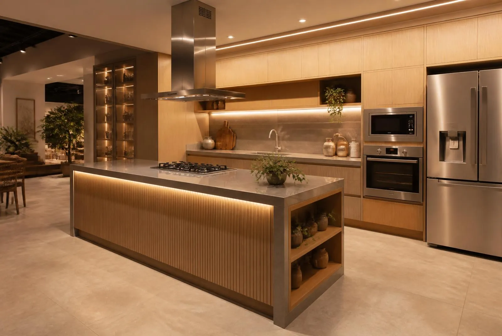 Vista ampla de cozinha planejada completa no showroom, com ilha em madeira ripada, bancada de pedra e iluminação embutida