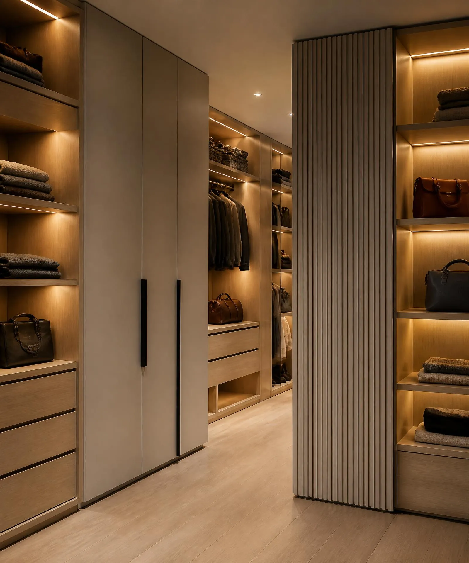 Closet planejado com nichos iluminados por LED, gavetas em madeira clara e portas laqueadas