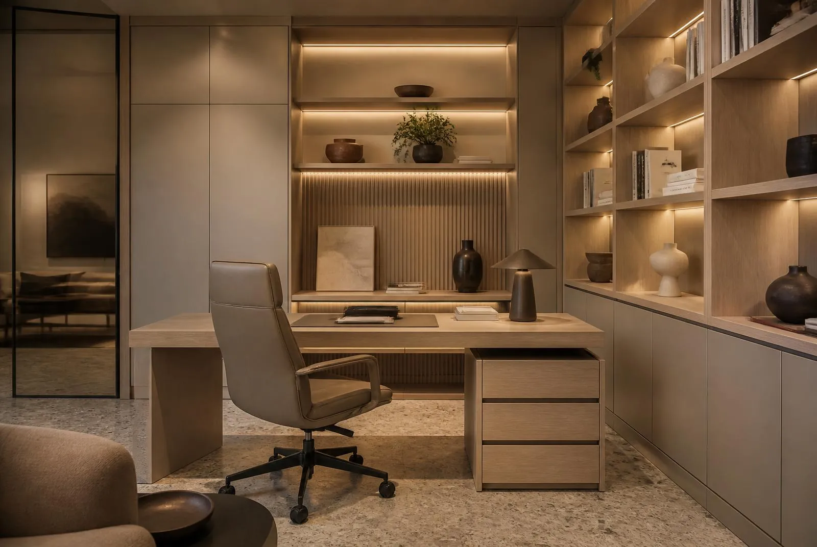 Home office planejado com bancada de trabalho, estante iluminada e poltrona de couro